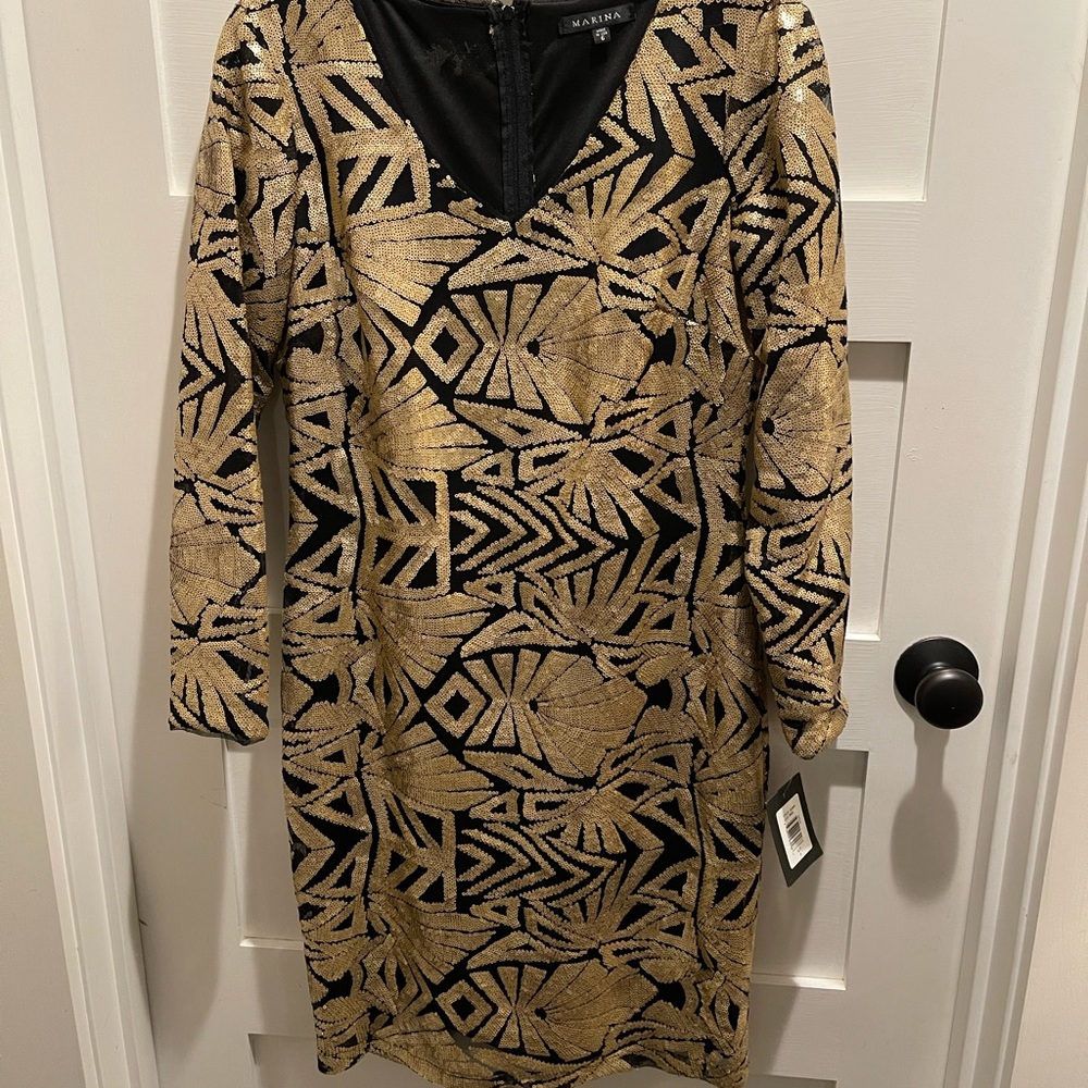 Marina Gold and Black Sequin Cocktail Dress - size 6